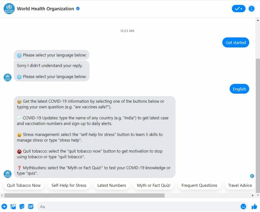 world health organization facebook messenger chat bot
