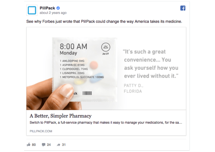 Pillpack’s A Better, Simpler Pharmacy facebook ad