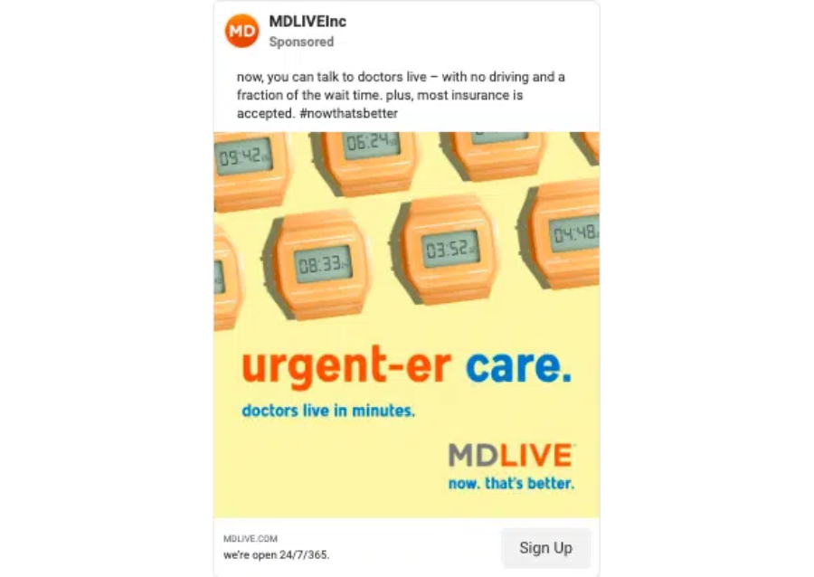 MDLive’s urgent-er care facebook ad